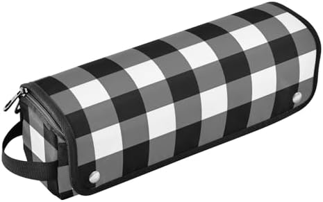Black White Buffalo Plaid Hair Tools Travel Bag Carrying Case Portable Travel Organizer Pouch with Heat Resistant Mat for Curling Iron Flat Irons Hair Dryer by PJXTH