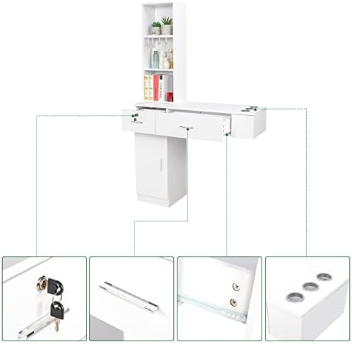 OmySalon Wall Mount Barber Stations, Salon Stations for Hair Stylist, Hair Styling Equipement Set with a Storage Cabinet, 2 Drawers and a 3 Tier Shelf (White) - Image 4