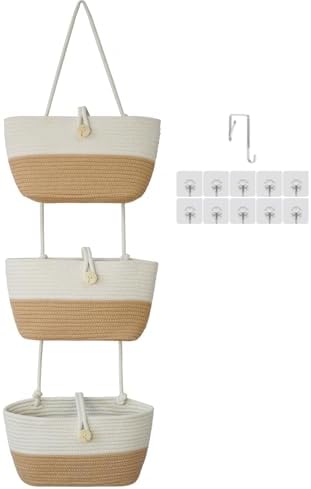TeoKJ Over the Door Hanging Baskets with Wooden Button, 3-Tier Wall-Mounted Decorative Nursery Kitchen Baskets, White & Jute by TeoKJ