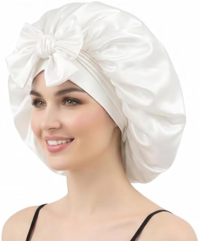 White Satin Bonnet for Sleeping Women Curly Hair Large Silk Bonnet with Tie by COCOSILK
