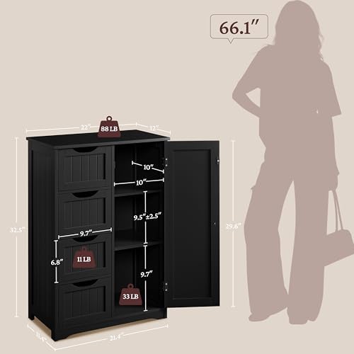 Yaheetech Small Bathroom Storage Cabinet with 4 Drawers & Door, Black - Image 3