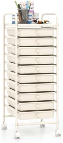Giantex 10-Drawer Storage Cart w/Universal Wheel, Rolling Cart w/Handle, Home Organizer Storage Unit w/Removable Drawers, Trolley Utility Cart for Kitchen Makeup Living Room Office Play Room, Ivory by Giantex