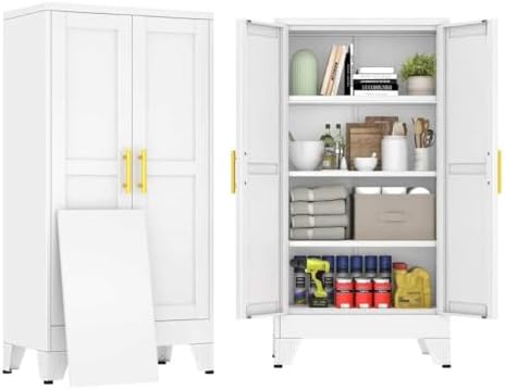 47" White Metal Storage Cabinet with 2 Doors and 3 Adjustable Shelves,Steel Garage Tool Cabinet, File Cabinet,Kitchen Pantry Cabinet for Home,Office,Garage,School,Warehouse by BAOLIWO
