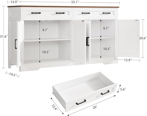 usikey 55" Buffet Cabinet with Storage and Drawers, Large Sideboard Buffet Cabinet with Adjustable Shelves and Doors, Modern Coffee Bar for Kitchen, Living Room, White - Image 3