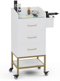 4-Tier Salon Station for Hair Stylist,White Beauty Barber Storage Station w/Glass Top, 3 Drawers, Hair Dryer Holders, Lockable Wheels for Barber Station, Salon Storage Equipment by SIKHST