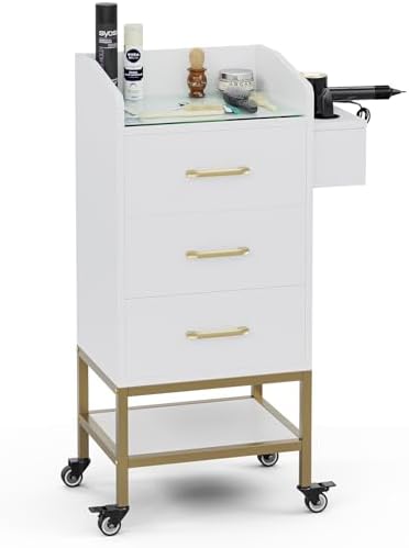 4-Tier Salon Station for Hair Stylist,White Beauty Barber Storage Station w/Glass Top, 3 Drawers, Hair Dryer Holders, Lockable Wheels for Barber Station, Salon Storage Equipment by SIKHST