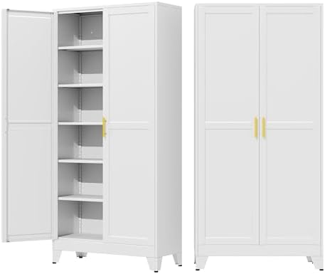75" Metal Garage Storage Cabinet with 2 Doors and 5 Adjustable Shelves,Metal Storage Cabinets,Steel Tool Cabinets for Home,Office,Garage,Warehouse (White, 75''H x 36''W x 18''D) by AUEYTVR
