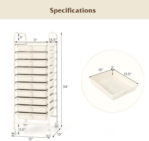 Giantex 10-Drawer Storage Cart w/Universal Wheel, Rolling Cart w/Handle, Home Organizer Storage Unit w/Removable Drawers, Trolley Utility Cart for Kitchen Makeup Living Room Office Play Room, Ivory - Image 3