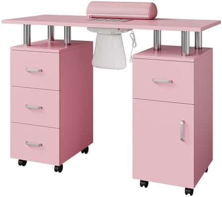 Manicure Table Nail Desk, Nail Station with Electric Dust Collector, Wrist Rest and Storage Drawers Cabinet, Beauty Salon Workstation for Nail Tech, Pink - Image 7