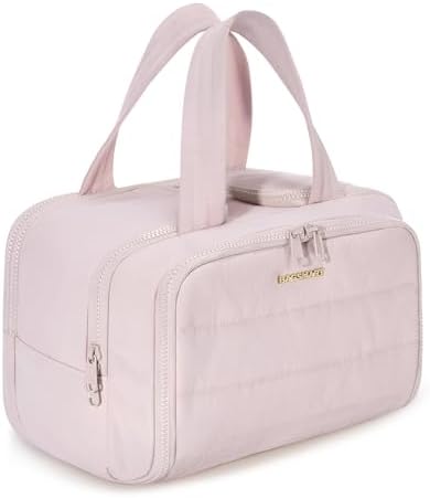BAGSMART Travel Toiletry Bag, Crush Toiletry Bag for Women, Wide-open Puffy Toiletry Bags for Traveling, Large Travel Cosmetic Makeup Bag Organizer for Accessories,Toiletrie, Pink by BAGSMART