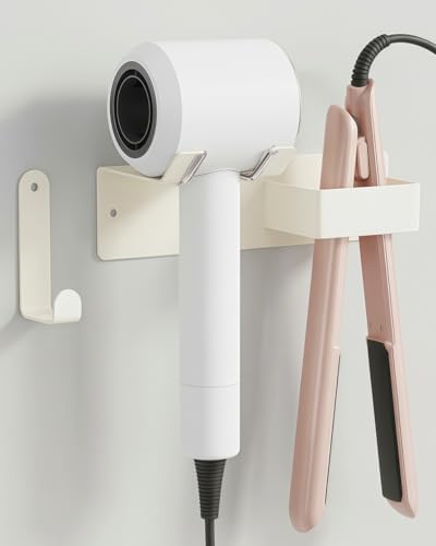 Hair Dryer and Straightener Holder, Upgraded Hair Straightener Holder with Cable Hook, Stainless Steel Universal Hair Dryer Wall Mount Waterproof for Bathroom Space-Saving White by PTALSEAW-PortableDryerHolder