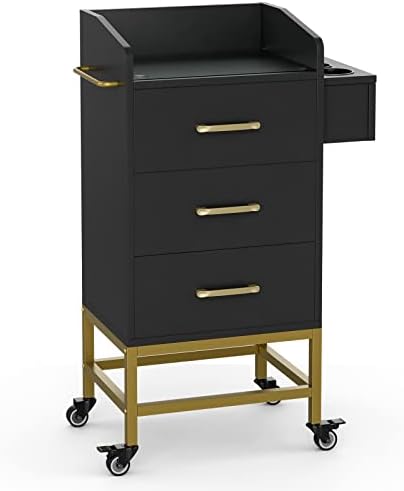 Paddie Beauty Salon Storage Trolley Cart, Glass Top Hair Salon Station Cabinet with Dryer Holder, Lockable Rolling Wheel, Drawer - Black by Paddie