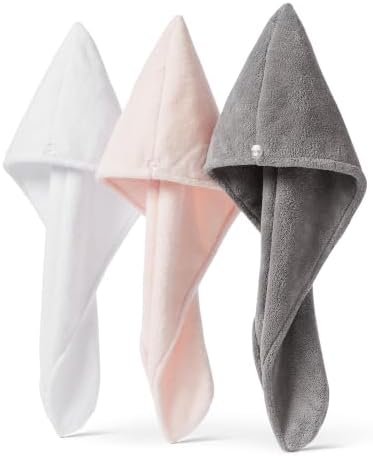 Amazon Basics Quick Dry Microfiber Hair Towel Wrap, Hair Drying Towel, White/Grey/Pink, 3-Pack by AmazonBasics