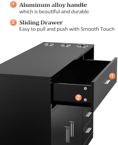 OmySalon Salon Station Free Standing Cabinet, Barber Hair Styling Stations, Beauty Spa Equipment with 5 Drawers, 1 Storage Cabinet, 3 Hair Dryer Holders, Black - Image 6