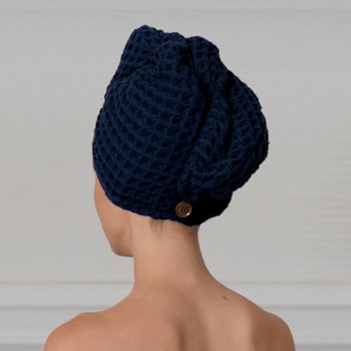 Luxury Organic Japanese Cotton Hair Drying Waffle Towel Wrap for Women | Absorbent, Quick-Dry Head Turban for Shower, Sauna, Spa | Extra Large for Long, Curly, Straight Hair With Button (Blue, 2 Pc) - Image 3