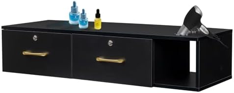 Black Barber Salon Station, Wall Mount Barber Salon Cabinet for Hair Styling Station,Barber Supplies Organizer Cabinet with 2 Draws & 3 Holes with Lock, Beauty Salon Furniture for Spa, Home & Bathroom - Image 6