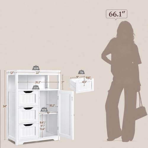 Yaheetech Small Freestanding Bathroom Storage Cabinet with 3 Drawers, White - Image 3
