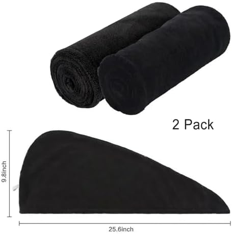 Microfiber Hair Towel Wrap for Women, 2 Pack Super Absorbent Quick Dry Hair Towels with Button, Soft Hair Turban Towel for Curly & Long Hair (Black and White) - Image 2