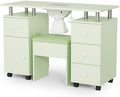 OmySalon Nail Desk and Chair Set, Manicure Table with Dust Collector, Arm Rest, 8 Wheels, Acetone Resistant Desktop, Drawers & Cabinet Storage for Makeup Beauty Salon (Mint Green) by OmySalon