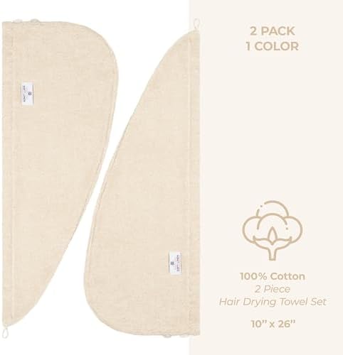 American Soft Linen 100% Cotton Hair Towels for Women, Head Towel Cap, Cotton Hair Turban Towel Wrap for Long Curly Anti Frizz Hair, Soft and Absorbent Cotton Hair Towels 2 Pack, Beige - Image 4
