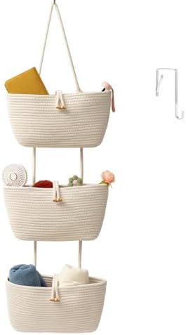 TeoKJ Over the Door Hanging Baskets with Button Strap, 3-Tier Woven Cotton Storage Organizer Bag, Wall-Mounted with Hook Decorative Hanging Kitchen Baskets - White by TeoKJ