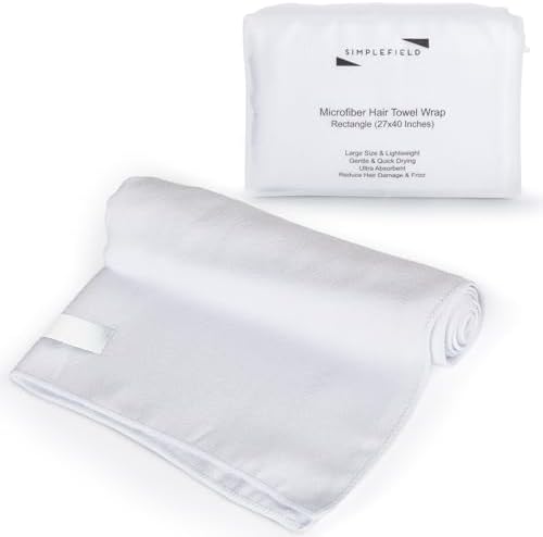 SimpleField Large Microfiber Hair Towel Wrap (27x40 Inches) for Women, Anti-Frizz Flat Rectangle Drying Towel with Full Hair Coverage Design, Elastic Band for Long, Curly and Thick Hair (Bright White) by SimpleField