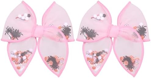 Halloween Bows for Girls Women 4in Pink Ghost Mesh Ribbon Tulle Bow Alligator Clips 2pc Fable Shaker Hair Bow Barrettes Teens Toddler Kids outfit Dress Costume Party Accessory Gift by Miroksh