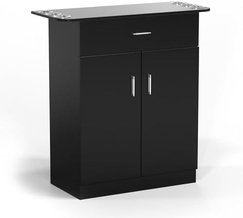 OmySalon Salon Station Barber Storage Cabinet, Free Standing Beauty Hair Stations, Beauty Salon Spa Equipment Hair Styling Utility Unit with 1 Drawers, 1 Storage Cabinet, 6 Hair Dryer Holders, Black - Image 3
