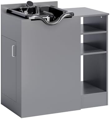 OmySalon Shampoo Bowl with Cabinet, Portable Salon Hair Washing Station with Adjustable Shelf, UPC Certified Faucet, Freestanding Backwash Sink for Barber, Beauty Salon, Spa, Grey by OmySalon