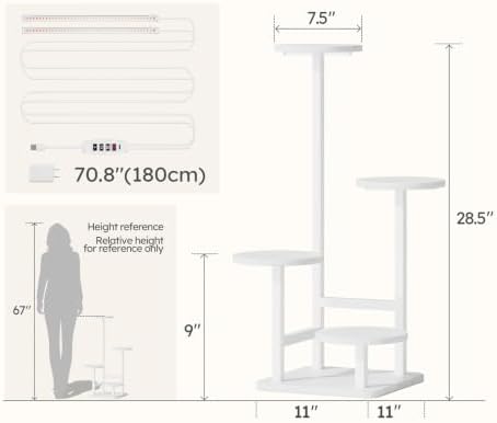 Plant Stand Indoor with Grow Light, 4-Tiered Tall Plant Stand Indoor, Metal Plant Shelf with Adjustable Light, Ideal for Living Room, Garden, Patio white - Image 6