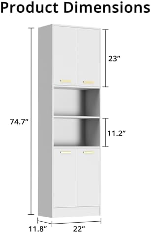 Cozy Castle Kitchen Pantry Cabinet, 75" Tall Wood Storage Cabinet with Doors and Shelves, 4 Doors Open Countertop Utility Hutch Cupboard for Dining Room Living Room Bathroom Furniture, White - Image 2