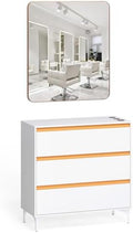 OmySalon Salon Station for Hair Stylists, Barber Free Standing Styling Cabinet with 3 Drawers, Square Mirror & Hair Dryer Holders, Modern White Gold Beauty Dresser for Salon, Spa, Home by OmySalon