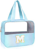 Personalized Initial Clear Makeup Bag Blue Cosmetic Bag Set Large Travel Toiletry Bag, Cute Clear Make Up Bags Organizer Bag for Girlfriend Teacher Gifts Teen Girl Gifts Trendy Stuff M (Blue) by junesters