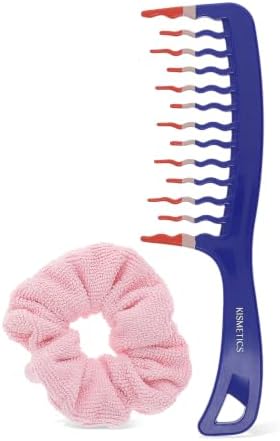 Extra Large Wide Tooth Shower Detangler Curve Comb for Thick, Curly, Wavy & Natural Hair - Pain-Free Knot Removal, Anti-Static, Frizz-Free, Ergonomic Handle & Easy Hanging - Blue with Scrunchie by KISMETICS