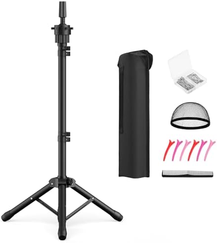 Wig Head Stand 50 Inches, Height Adjustable Tripod Wig Stand, Salon Mannequin Head Stand with Anti-Slip Base for Styling, Wig Display Barber Training, Beauty School​ (Black) by Unknown