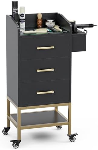 4-Tier Salon Station for Hair Stylist,Black Beauty Barber Storage Station w/Glass Top, 3 Drawers, Hair Dryer Holders, Lockable Wheels for Barber Station, Salon Storage Equipment by SIKHST