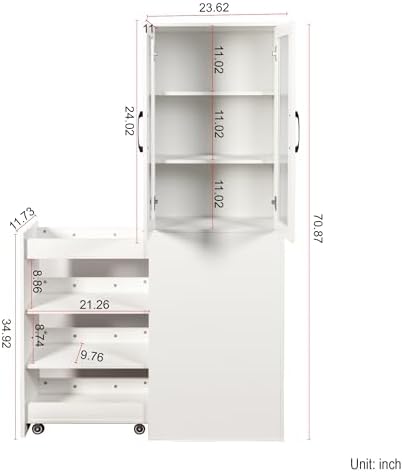4-Tier Glass Door Display Storage Cabinet Pull-Out Kitchen Pantry,White - Image 4