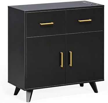 OmySalon Salon Station, Barber Station with 2 Drawers & 3 Hair Dryer Holders & 1 Cabinet, Free Standing Cabinets, Storage Styling Stations for Barbershop Beauty SPA, Black by OmySalon