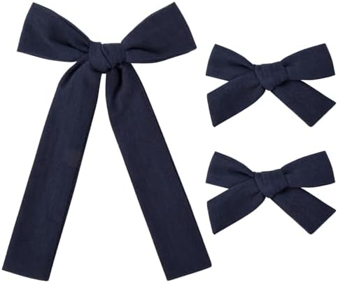 DEEKA Navy Cotton Linen Hair Bows 2 Sizes 5"&3.5" Soft Hair Bow set for Toddler Girls Long Ponytail Knot Bows Alligator Clip Hair Accessories for Little School Girls (Navy) by DEEKA