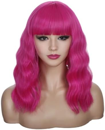 Sebast Pastel Bob Wigs with Bangs for Women Loose Wavy Wig Pastel Wavy Shoulder Length Bob Synthetic Cosplay Wig for Girl Colorful Costume Wigs (Pink) (Fuchsia) by Sebast