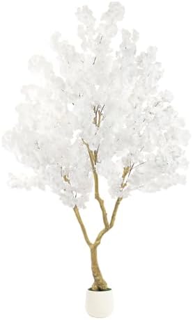 White Artificial Cherry Blossom Tree 7FT with Sturdy White Planter by Anbeser
