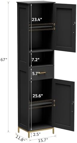 Homhedy 67" H Bathroom Storage Cabinet, Tall Bathroom Cabinet, Black - Image 3