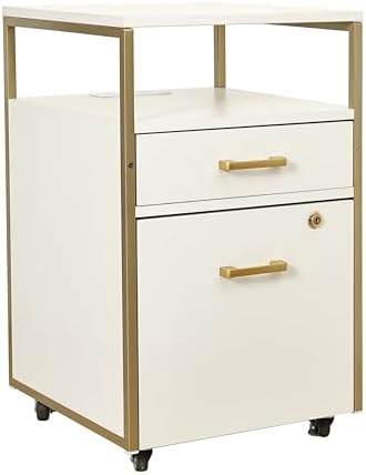 Techni Mobili Salon Storage Cabinet with Lock, 2 Drawer Organizer with USB Ports and Power Outlet, for Hair & Nail Supplies, Ideal for Professional Salons & Spas, White & Gold by TechniMobili