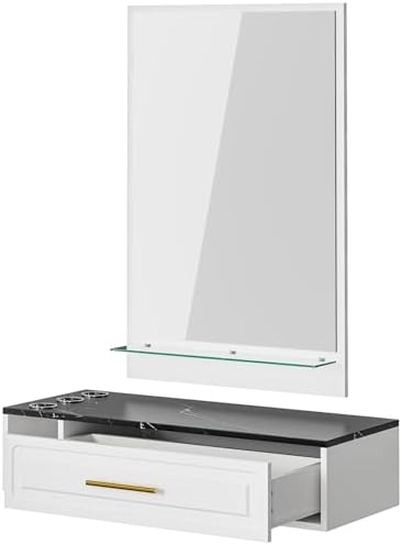 Wall Mount Salon Station with Mirror, Hair Styling Barber Station with 3 Alloy Hair Dryer Holders & 1 Drawer, Beauty Salon Spa Equipment Set for Hair Styling（White） by TTGIEET