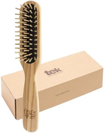 TEK | Rectangular Wooden Hair Brush with Short Rounded Teeth in Natural Ash Wood, Ideal for Detangling, Styling and Daily Care of Short Hair | 22x4cm | Handmade in Italy by Tek