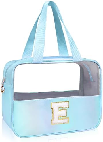 Personalized Initial E Clear Blue Makeup Bag - Large Travel Toiletry Bag, Cute Cosmetic Organizer Set for Girlfriend, Teacher, Teen Girl Gifts by junesters