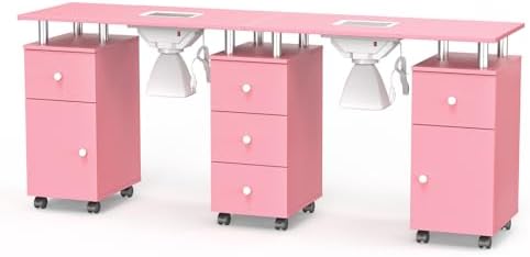 OmySalon Double Manicure Table w/Dust Collector, Nail Table Station for Nail Tech, Makeup Desk w/Wheels Arm Rest Drawers Cabinet Storage, for Beauty Spa Salon, Acetone Resistant (Pink) by OmySalon