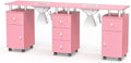 OmySalon Double Manicure Table w/Dust Collector, Nail Table Station for Nail Tech, Makeup Desk w/Wheels Arm Rest Drawers Cabinet Storage, for Beauty Spa Salon, Acetone Resistant (Pink) by OmySalon