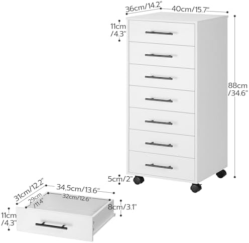 HOOBRO 7-Drawer File Cabinet, Wooden Office Cabinet with Drawers, Mobile Storage Filing Drawer for Home Office, Study, Easy Assembly, White WT07WJ01 - Image 3
