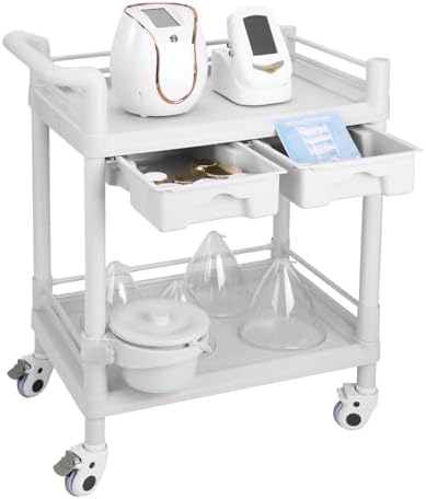 2 Tier Esthetician Cart, Rolling Utility Cart with Bucket & 2 Big Drawers, Heavy Duty Salon Trolley with 360 Rotate Silent Wheels, Load 330lbs Mobile Medical for Salon Hospital Office Lab by cenoz